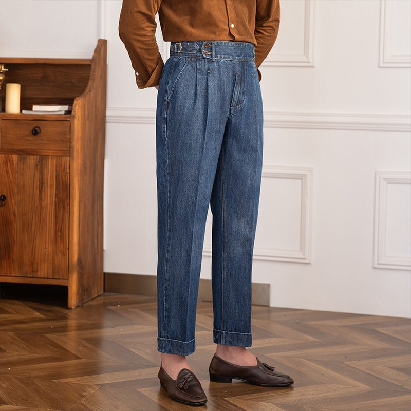 Denim Lorenzo - Pantaloni Vintage a Pieghe con Taglio Dritto