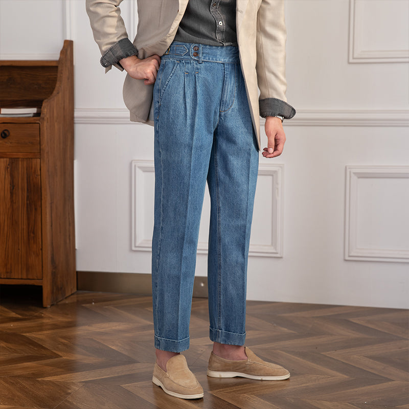 Denim Lorenzo - Pantaloni Vintage a Pieghe con Taglio Dritto