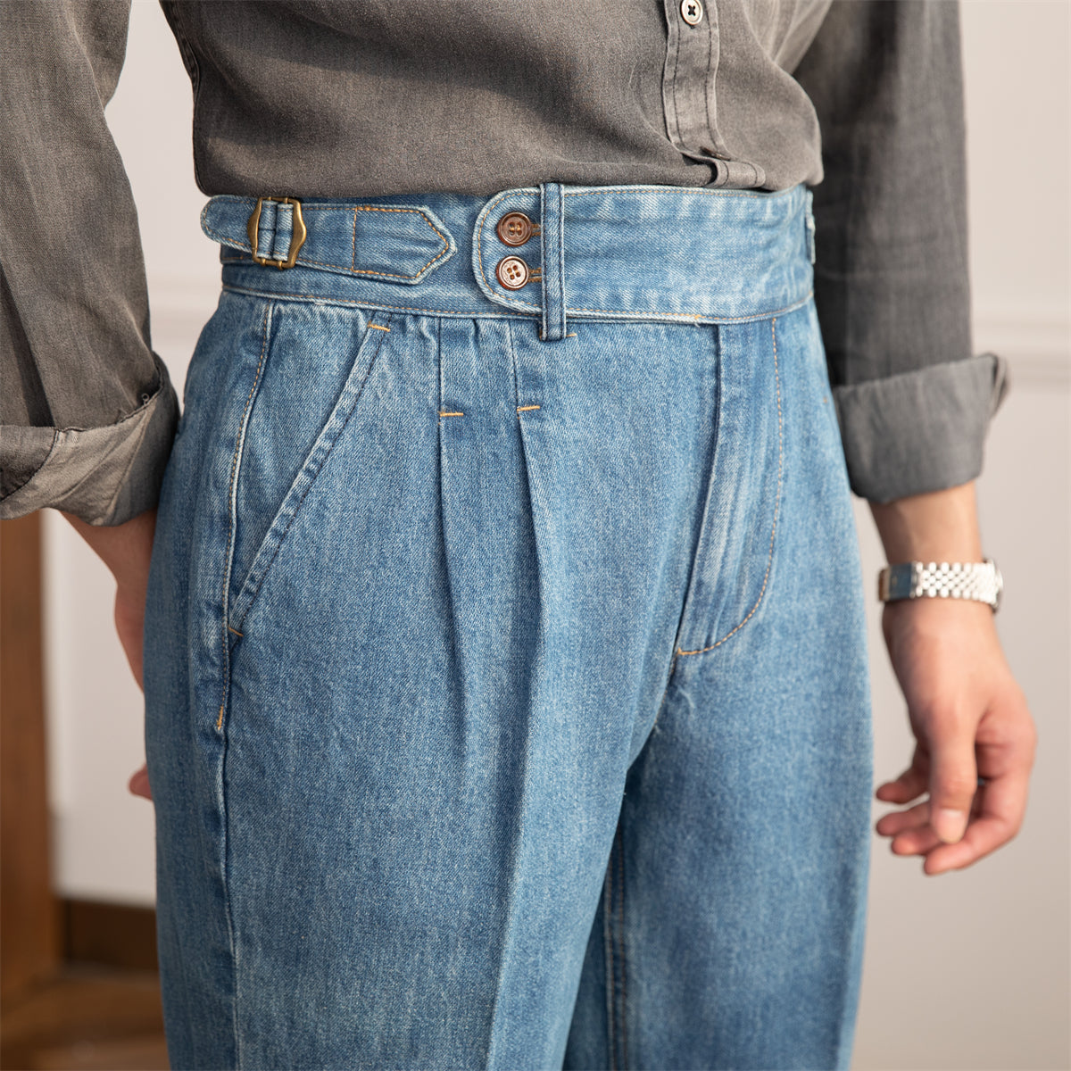 Denim Lorenzo - Pantaloni Vintage a Pieghe con Taglio Dritto